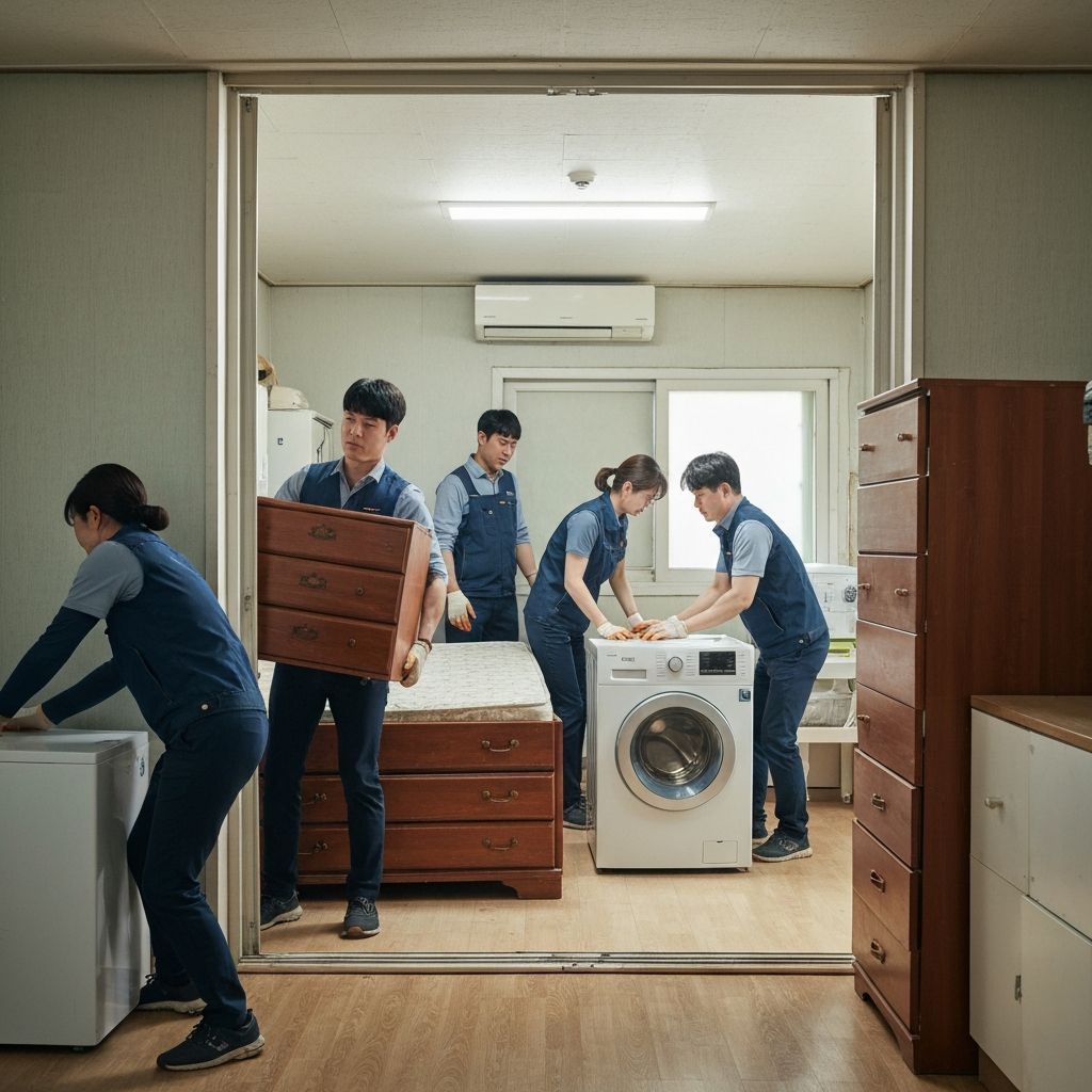 광주집정리하는 아파트에서 폐가구인 침대를 치우는 현장